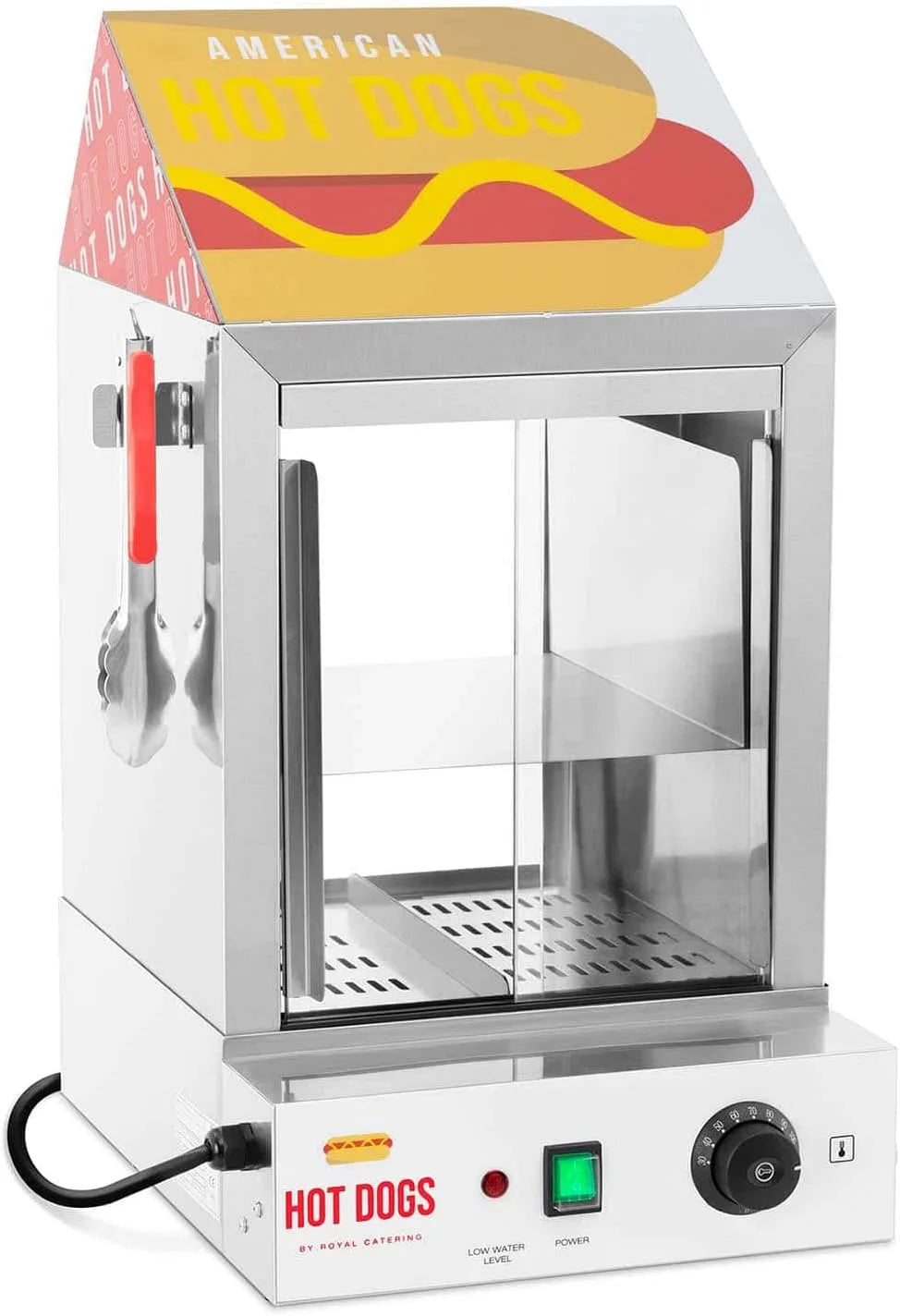 1000H Royal Catering, Cuiseur À Vapeur Pour Hot Dogs Machine Appareil Pro Professionnelle RCHW, 1 000 W, 100 saucisses + 25 pains, 30-110 °C, Inox