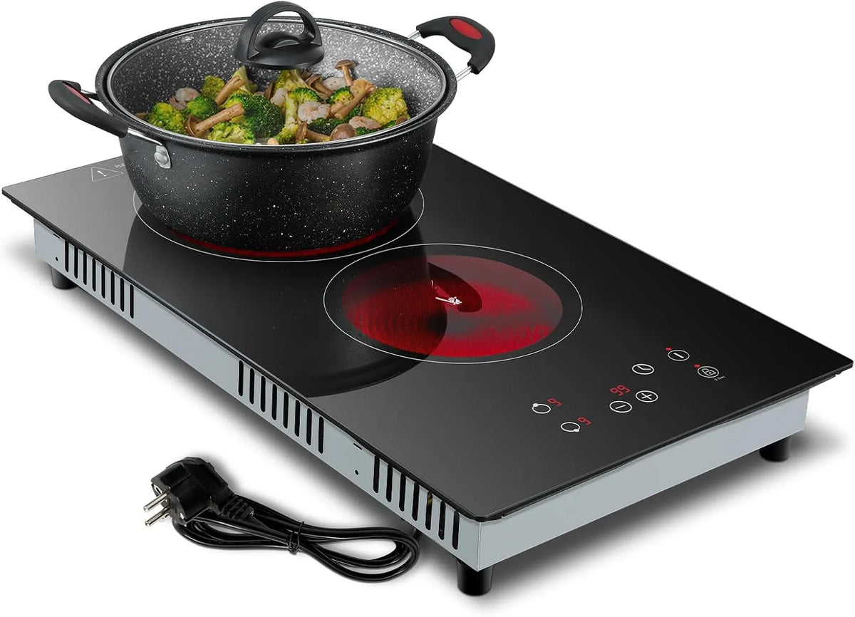 Plaque de cuisson, de cuisson electrique 30cm, Minuterie 1-99 min, Commande Tactile, Vitrocéramique 2 feux, 3000W 9 Niveaux de puissance