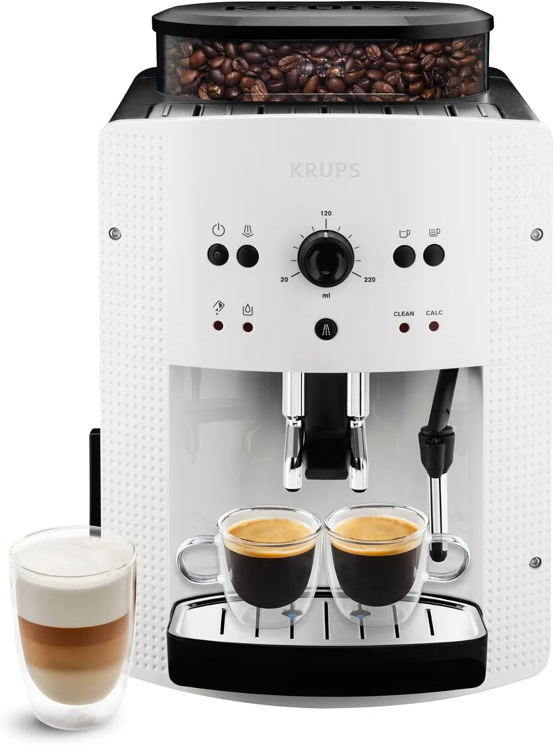 Krups machine à café EA810570, 2 expresso simultanés, broyeur grain, Essential blanche, Nettoyage automatique, Buse vapeur Cappuccino