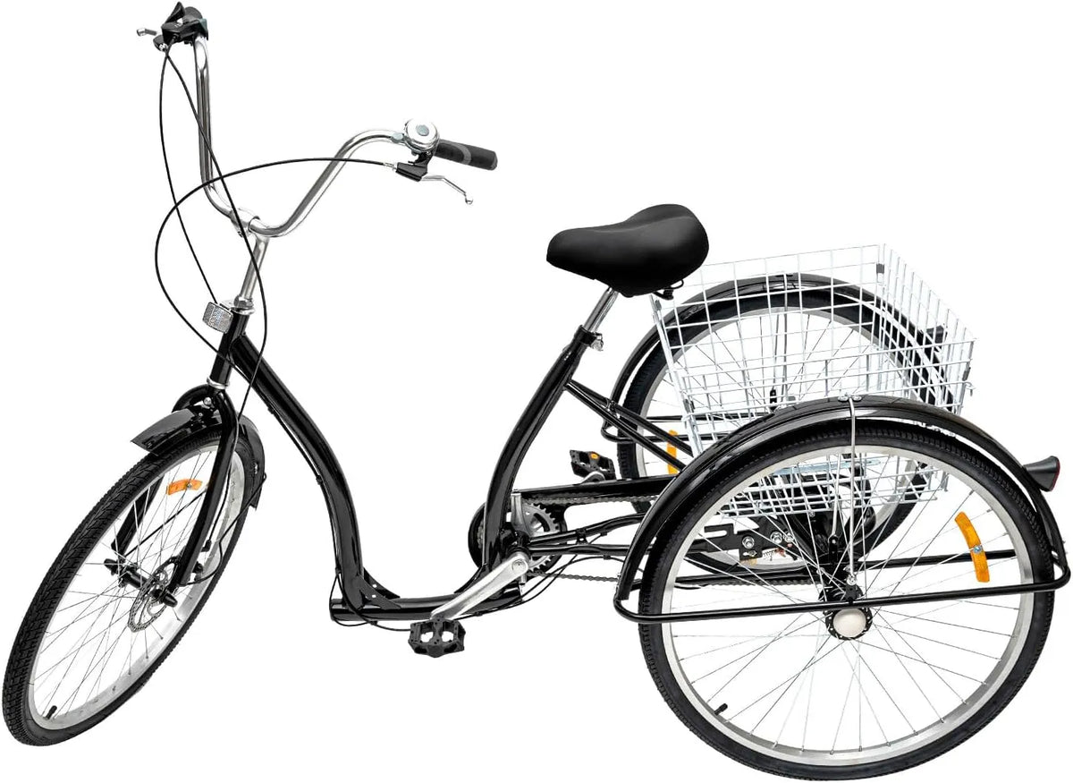 Vélo, dérailleur arrière 6 niveaux de vitesse, Tricycle 26 pouces pour adultes, capacité de charge de 120 kg, finition noire avec grand panier