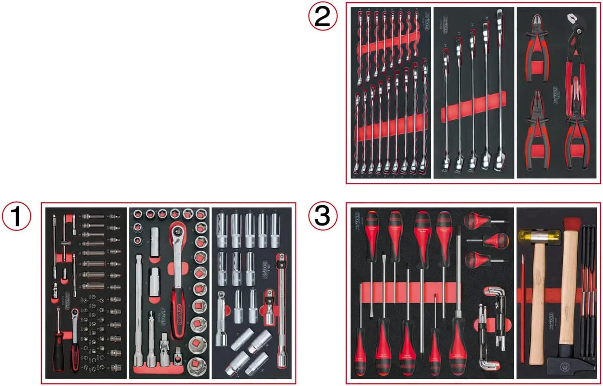KS TOOLS, 714.0158, Composition d'outils 3 tiroirs pour servante, 158 pièces, Mousse imputrescible résistante huiles et Produits Chimiques, Empreintes