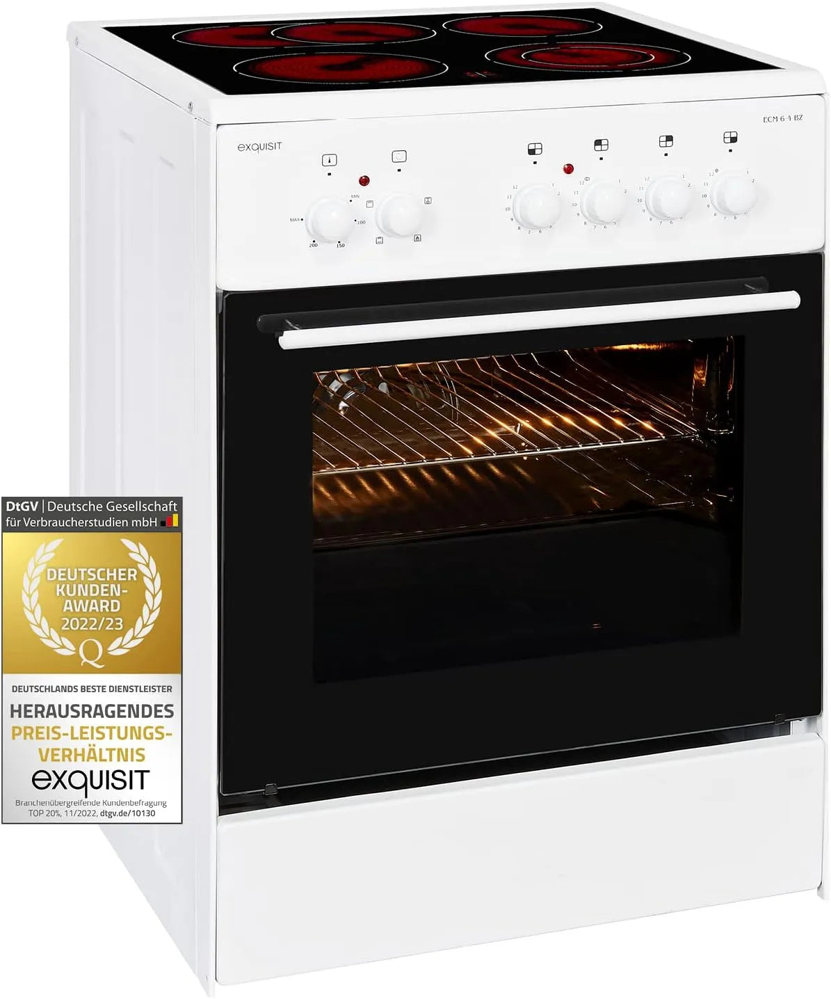 Exquisit cuisinière, ECM 6-4 BZ, largeur 60 cm, 2 zones de cuisson, Avec plaque de cuisson vitrocéramique, Chaleur tournante, finition blanche