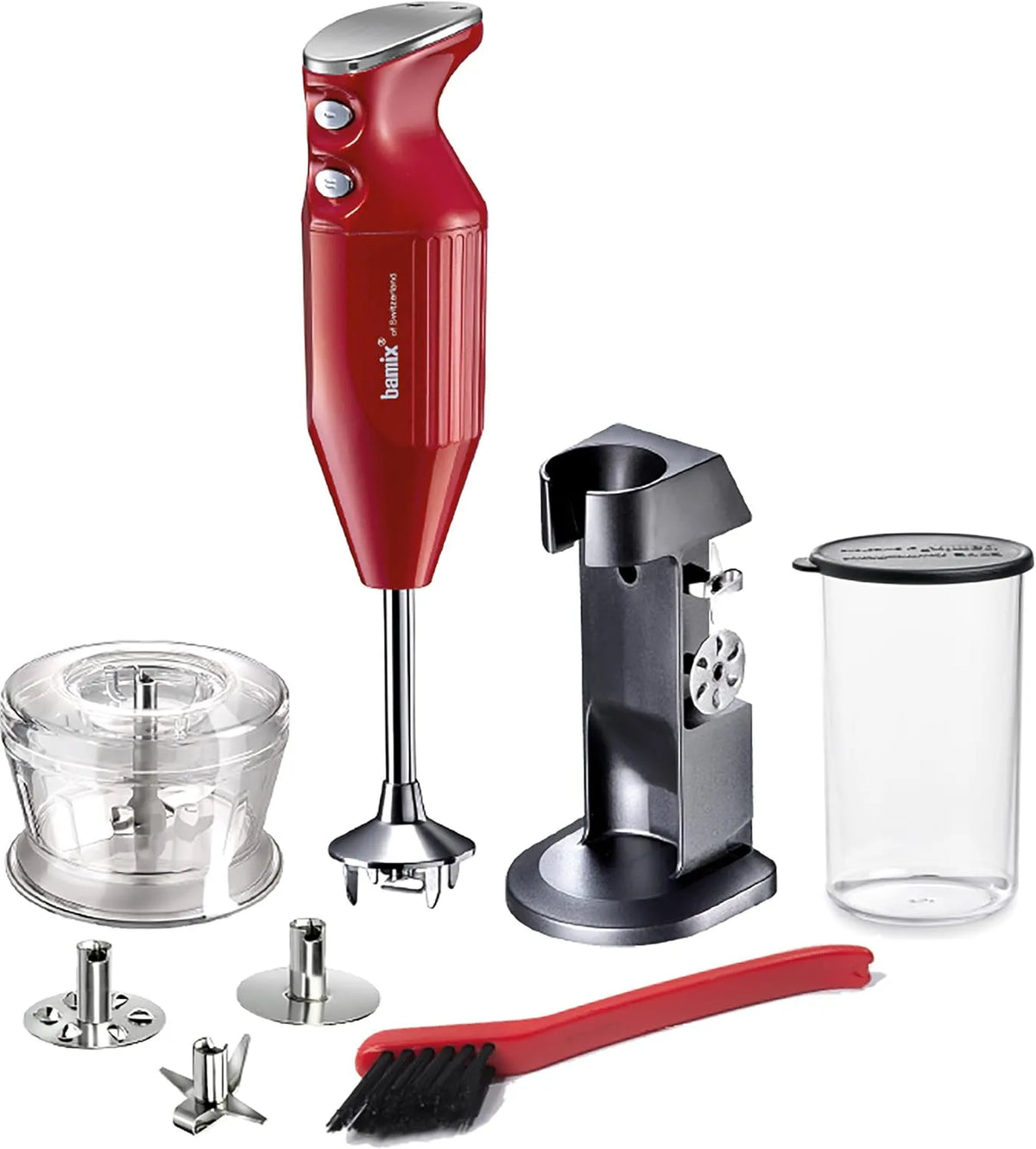 Mixeur M200 bamix Set, 3 embouts, récipient, brosse de nettoyage, chrome, puissance 200 W, plongeant Chef's favorite avec support, hachoir