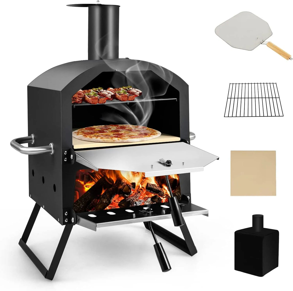 Costway four, à Pizza Extérieur à 2 Couches Étagère du Milieu Amovible à Pizza Portable en Acier, avec Pierre à Pizza, Grille, Pelle