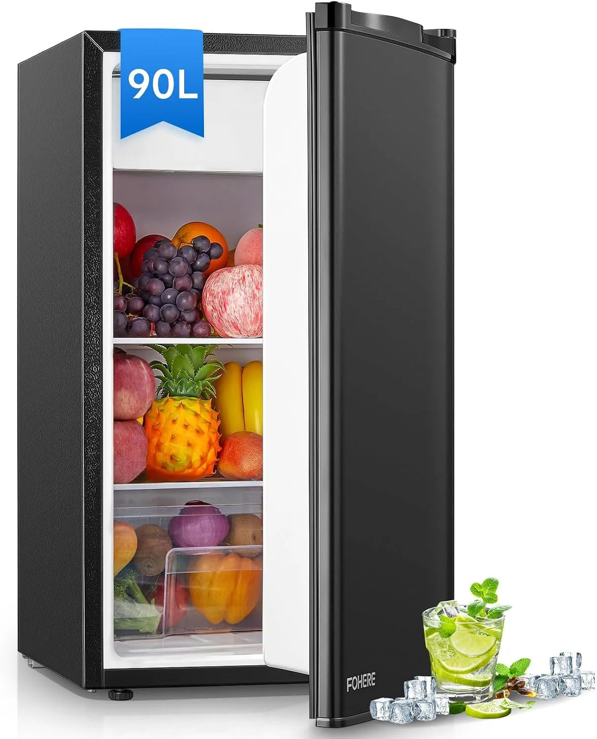 FOHERE réfrigérateur, Petit Frigo de Chambre, Dortoir, Silencieux, finition noire, Mini 90L, Contrôle de la Température, Bureau