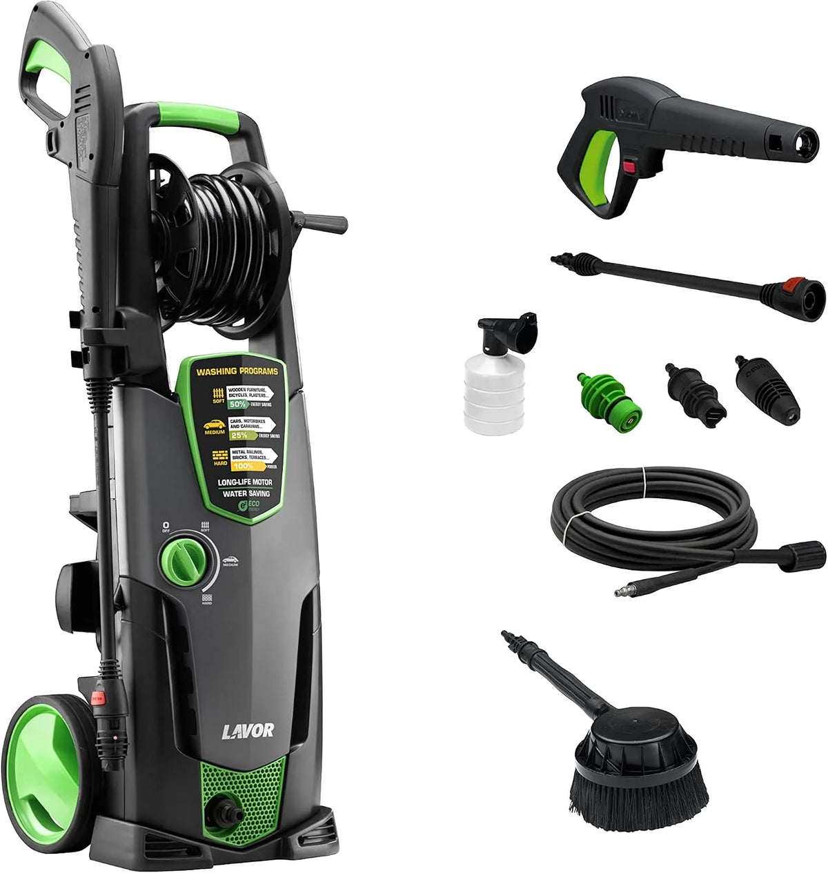 Nettoyeur haute pression STM 160 WPS Lavor, Puissance 160 Bar Max, Débit 510 l/h Max, avec Programmes de Lavage WPS, 2500 Watt, Enrouleur, Brosse Fixe