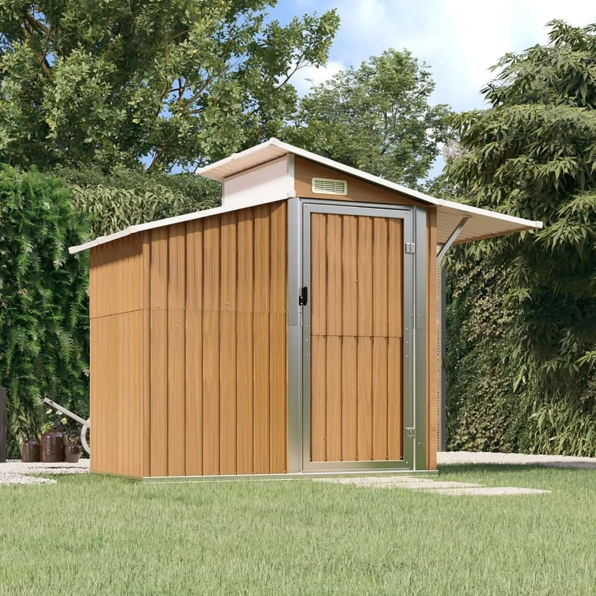 Abri de jardin, Marron 270x130x208,5 cm Acier galvanisé, Remise de Jardin avec Porte, Solution de Stockage Extérieur Cabane de Rangement à Outils