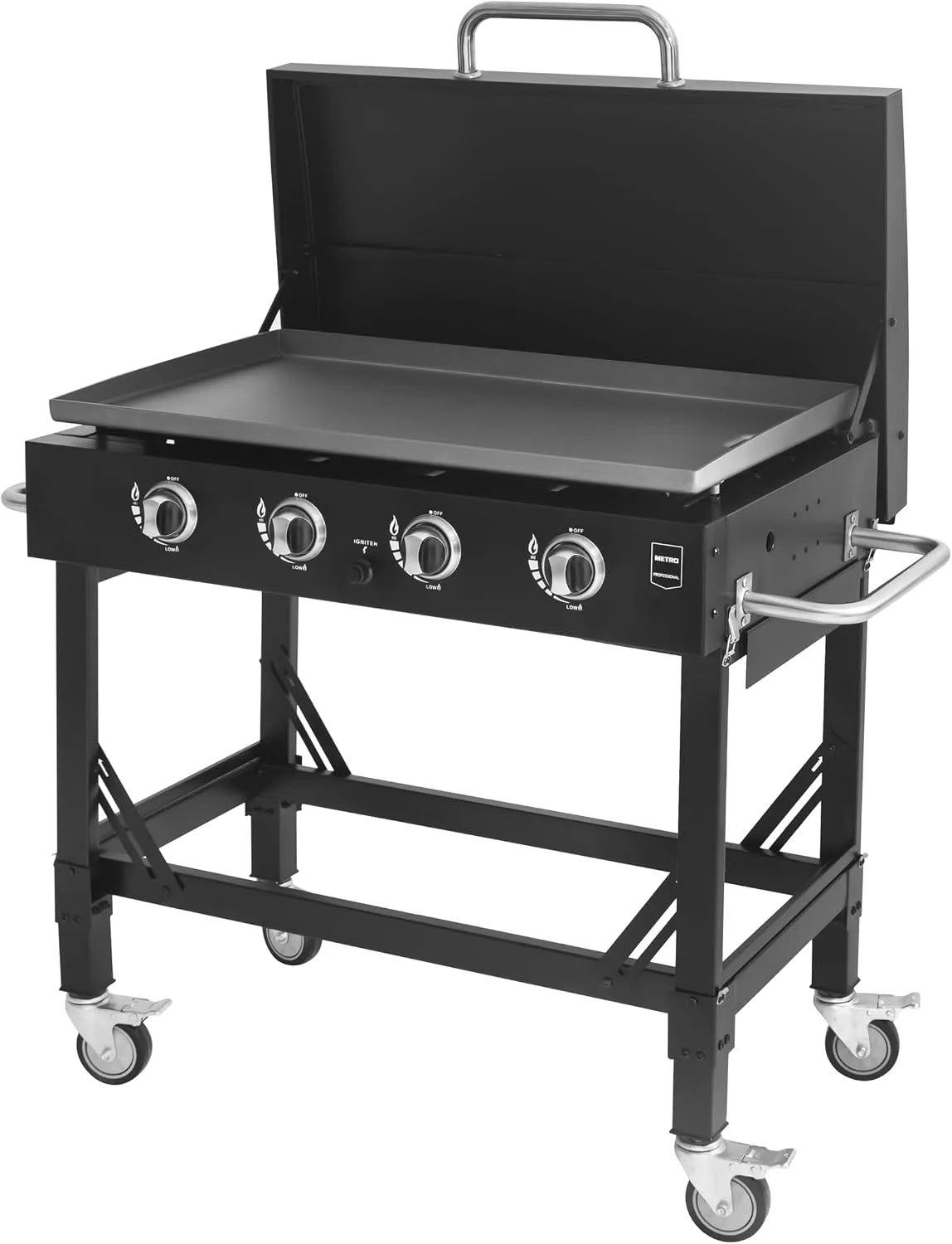 Barbecue METRO PROFESSIONAL, puissance 14.8 kW, Acier Inoxydable, Pliable, Plancha à Gaz avec 4 Brûleurs Dayton, 4 roulettes Pivotantes