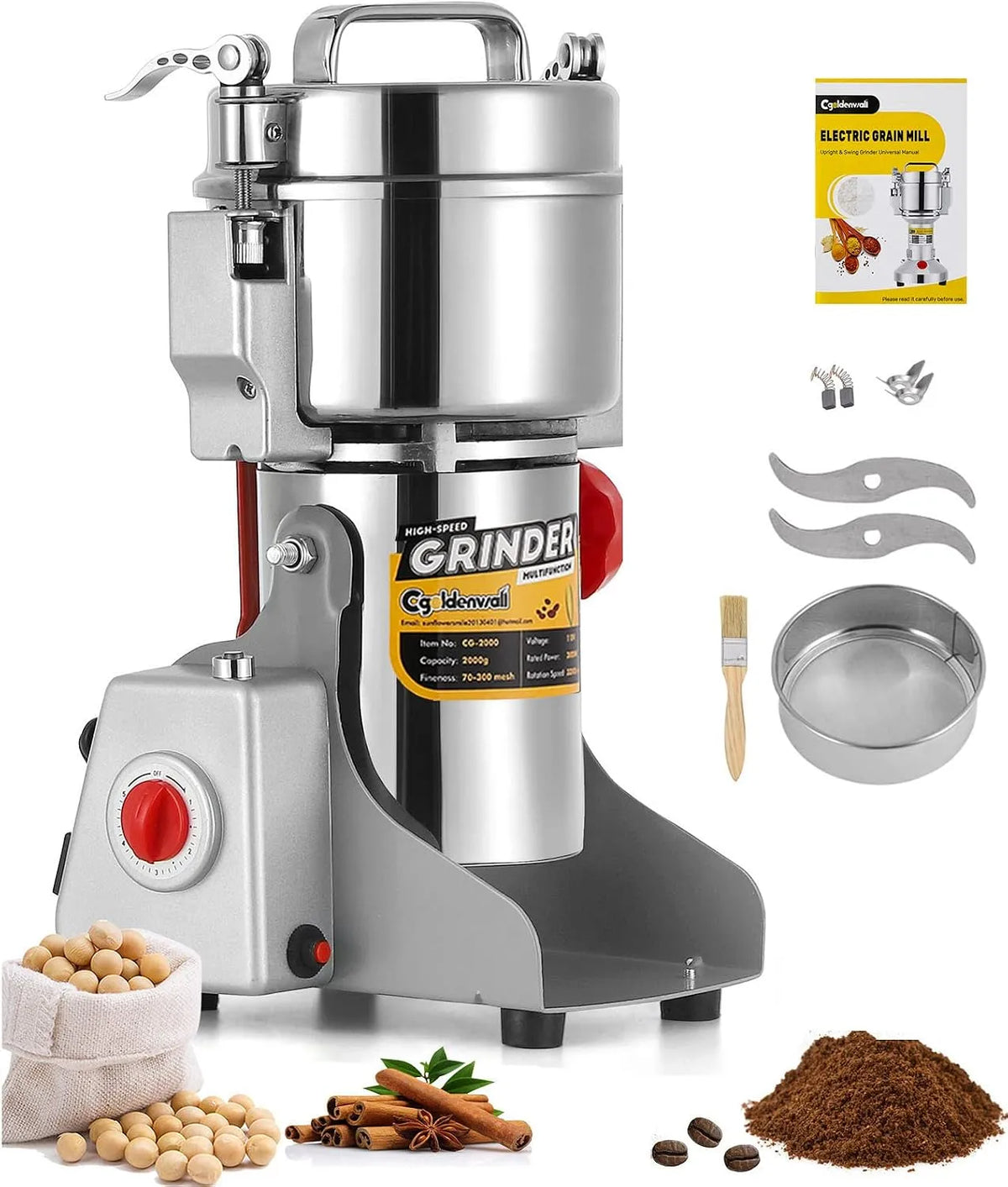 Moulin à céréales, puissance 2400W Commerciale Moteur, CGOLDENWALL 700g Grains Électrique Ultrafin Broyeur à Épice pour Maïs, Minuterie Contrôle, Café