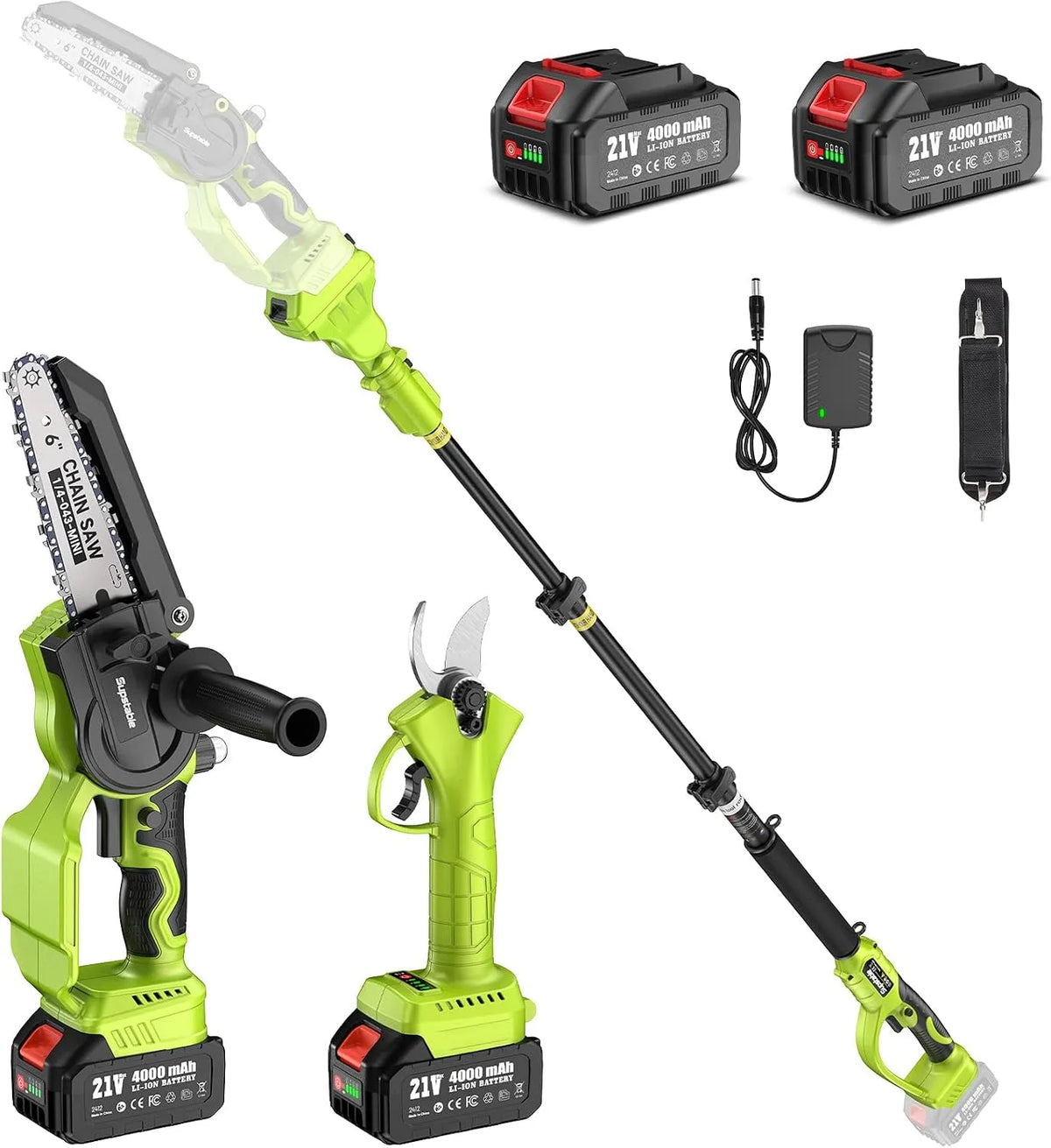 Avec Perche 6 Pouces & Secateur Electrique Telescopique 4000 Mini Tronconneuse, 4000 mAh, 4 en 1 Élagueuse sur Perche avec 2 * mAh Batteries