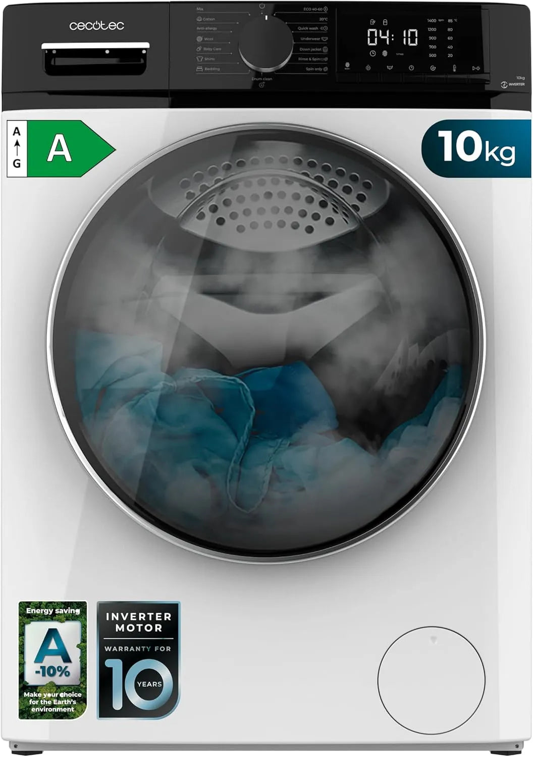 Cecotec lave-linge 10610, Moteur Inverter Plus, poids 10Kg à à chargement frontal Bolero DressCode Inverter A. 1400 RPM, 15 Programmes, OnSmart