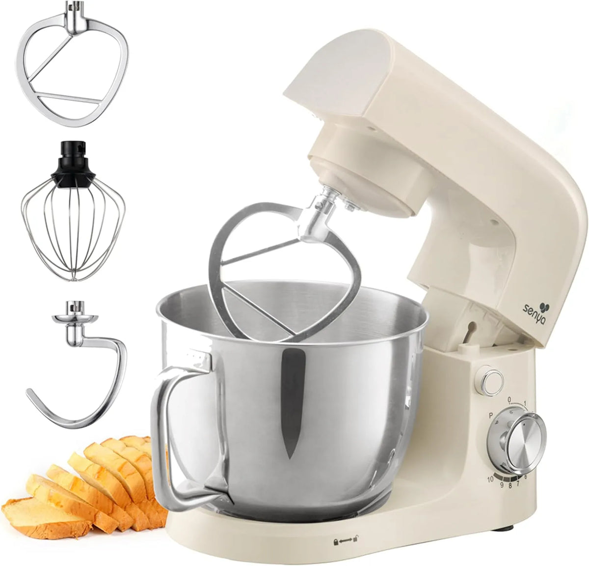Senya robot pâtissier, Multifonction 1500W, Bol en acier inoxydable 5L– 10 niveaux de vitesse + Fonction Pulse, Batteur, Fouet, Crochet Inclus