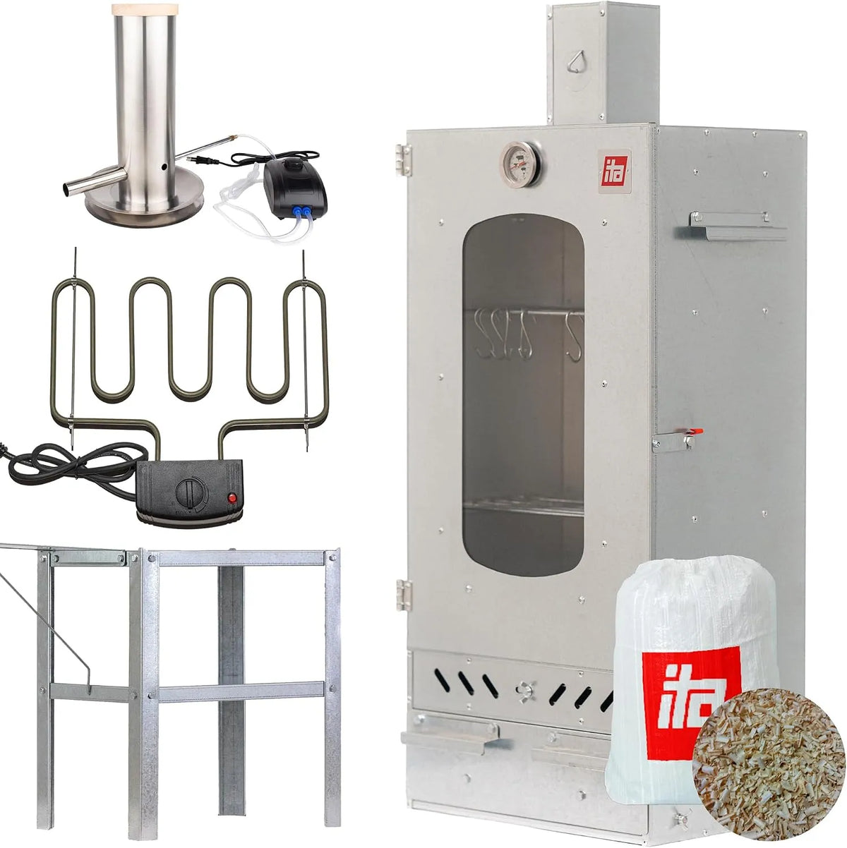 Fumoir 7012 ITA, table, générateur de fumée, Armoire avec fenêtre & cheminée, Électrique, Acier allié, Set Smoker avec chauffage, Qualité UE