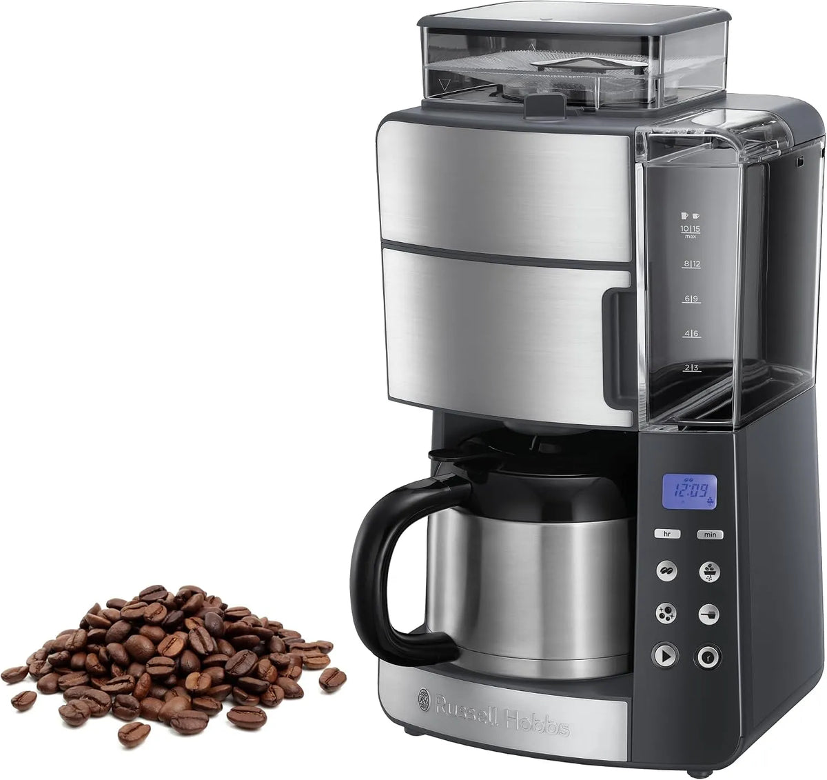 Russell Hobbs machine à café 25620-56, Cafetière Filtre Isotherme Semi Automatique 1000W, Moulin à Grains Intégré, Programmable, Grind and Brew