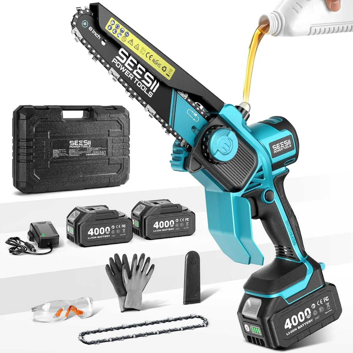 Tronçonneuse SEESII, Mini Sans Fil 8 Pouces, Moteur Sans Balais Amélioré 2026, Électrique avec 2×Batteries 4000mAh, M8 Boost, Rapide de Branches