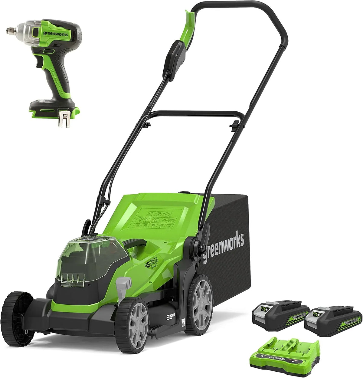 Greenworks tondeuse G24X2LM36K2x, sans fil, à batterie sac collecteur Réglage central de la hauteur de coupe incl. 2x 2Ah batterie