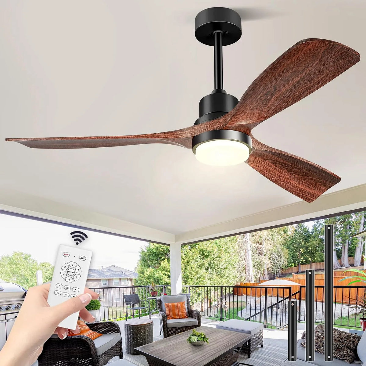 Ventilateur, largeur 132 cm, de plafond avec lumière et télécommande, 3 pales bois, 3 tiges, moteur DC réversible silencieux