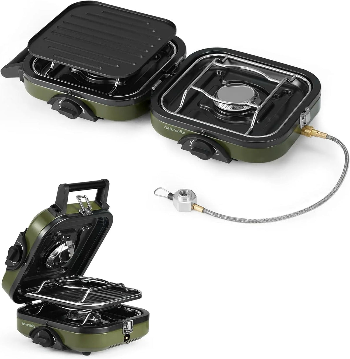 Plaque de cuisson, Naturehike Réchaud à gaz de camping pliable 2 en 1 avec de gril, 2 brûleurs réglables, allumage piézoélectrique