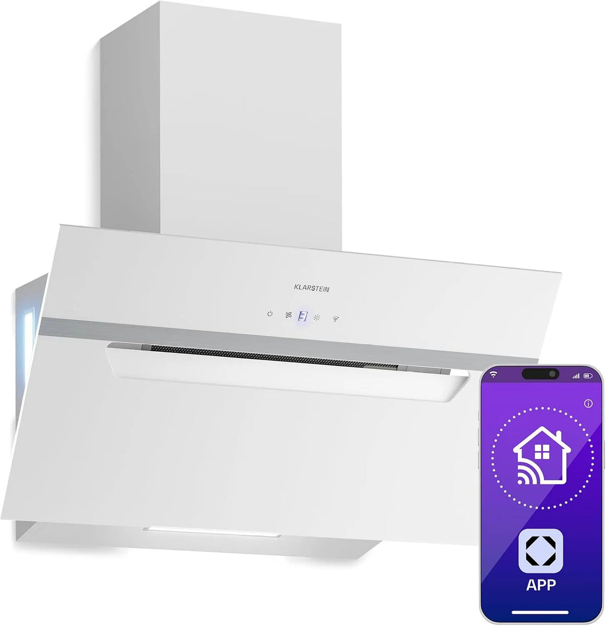 Klarstein hotte aspirante, BigBite 60 cm, Hotte Décorative Inclinée, 417 m³/h, 3 niveaux de vitesse & Boost, Filtre Charbon, LED, Tactile
