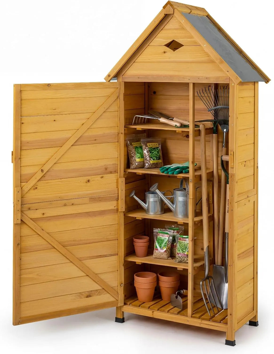 Abri de jardin RELAX4LIFE, Toit Incliné en Métal Galvanisé, en Bois 81x46x174 cm avec 4 Étagères Amovibles, Porte Verrouillable