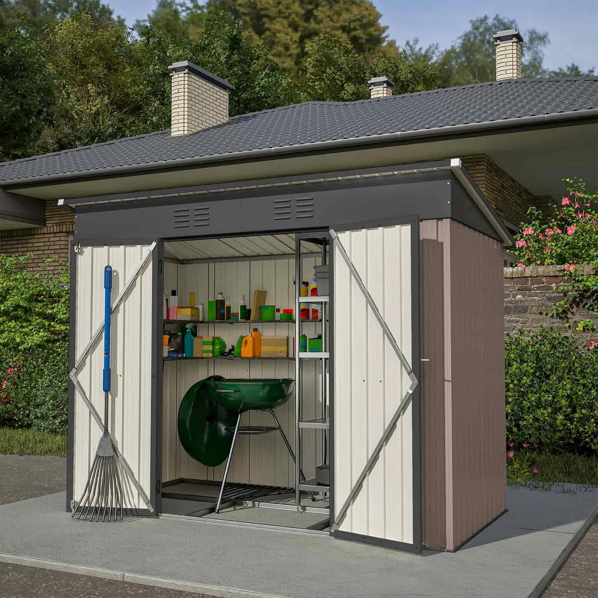 Abri de jardin 8x4FT, cabane de Jardin avec Portes coulissantes et Ventilation, pour Jardin et Stockage, en Métal 242x126x182cm, Marron-B