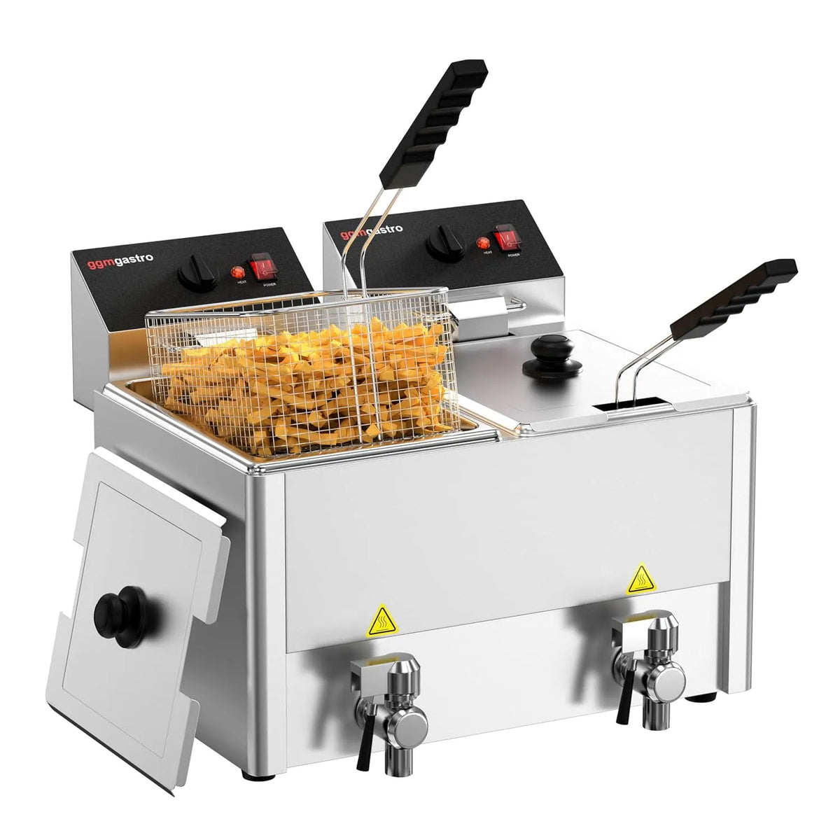 Modèle Friteuse électrique double EFH8+8 GGM Gastro, puissance 6.5 kW, 8+8 Litres, 2 x Couvercles, Robinet d'égouttage, Acier inoxydable