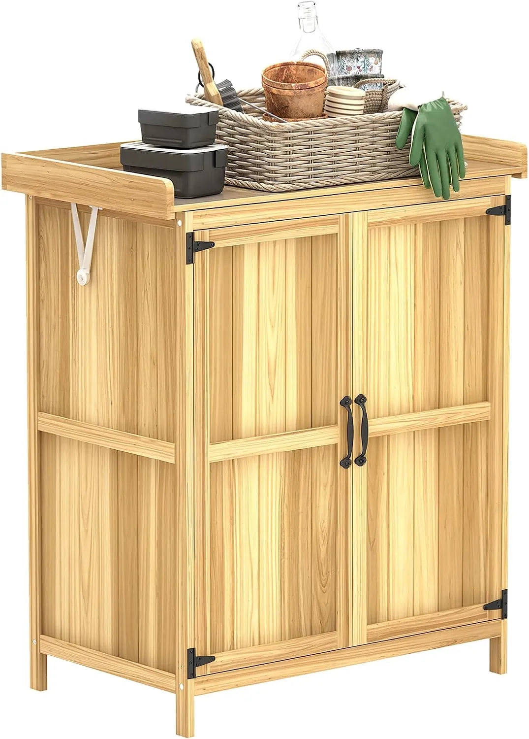 Armoire de jardin Outsunny, Table de rempotage, Table de Jardinage pour terrasse, en Bois, 2 Portes, dimensions 74x43x88cm, Bois Naturel