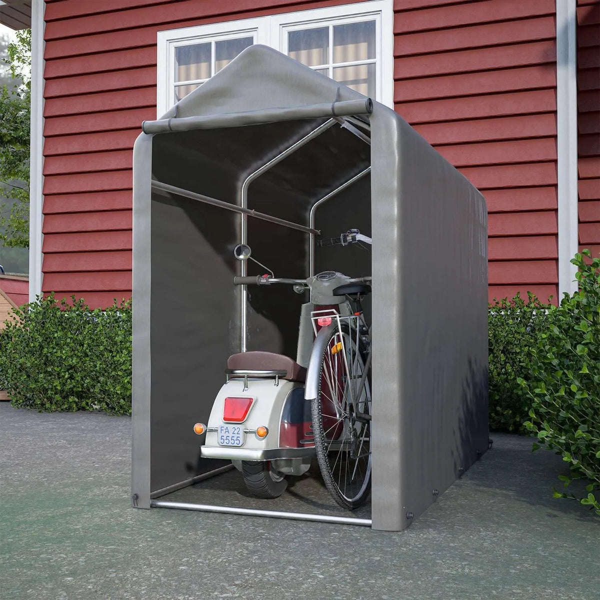 Abri de jardin, imperméable de 1,8 m * 1 m Anti-UV pour vélos et motos Cadre en acier PE, avec fermeture éclair Porte petite finition grise