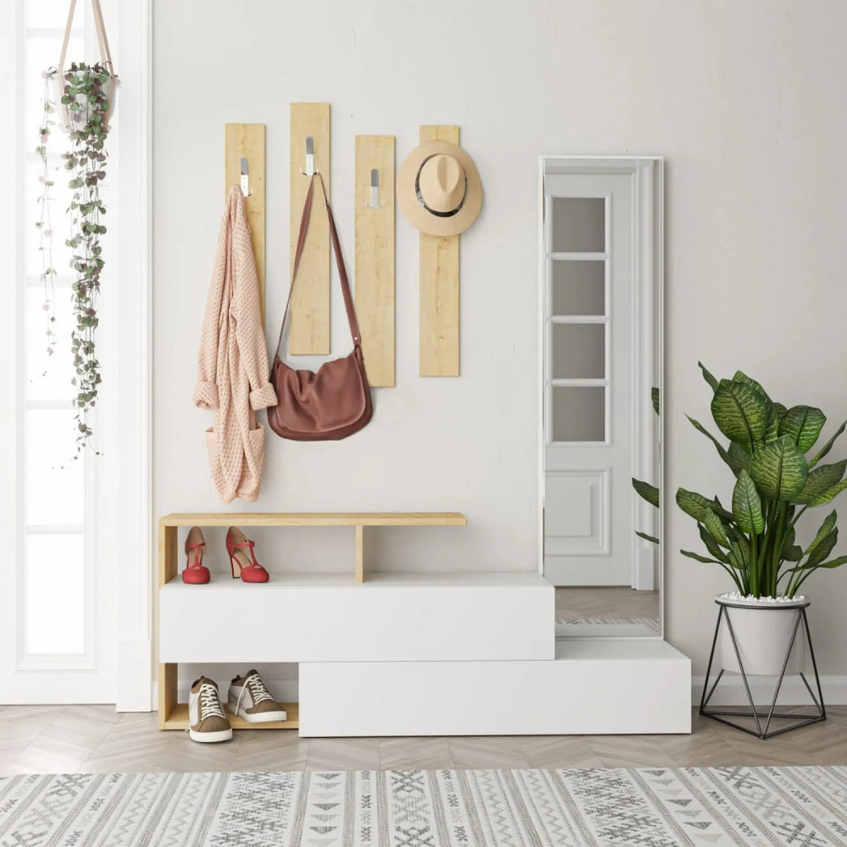 CONCEPT USINE, dimensions 137x35x54 cm, Meuble d'Entrée RAMAR Bois et finition blanche, Porte-Manteaux Intégré & 6 Espaces de Rangement