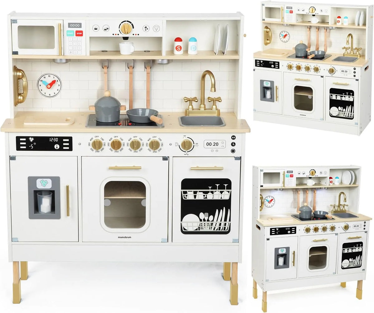 Four à micro-ondes 88-104cm, Lave-Vaisselle, Machine à Café et 15 Accessoires, Mamabrum Cuisine Enfant en Bois Interactive LED