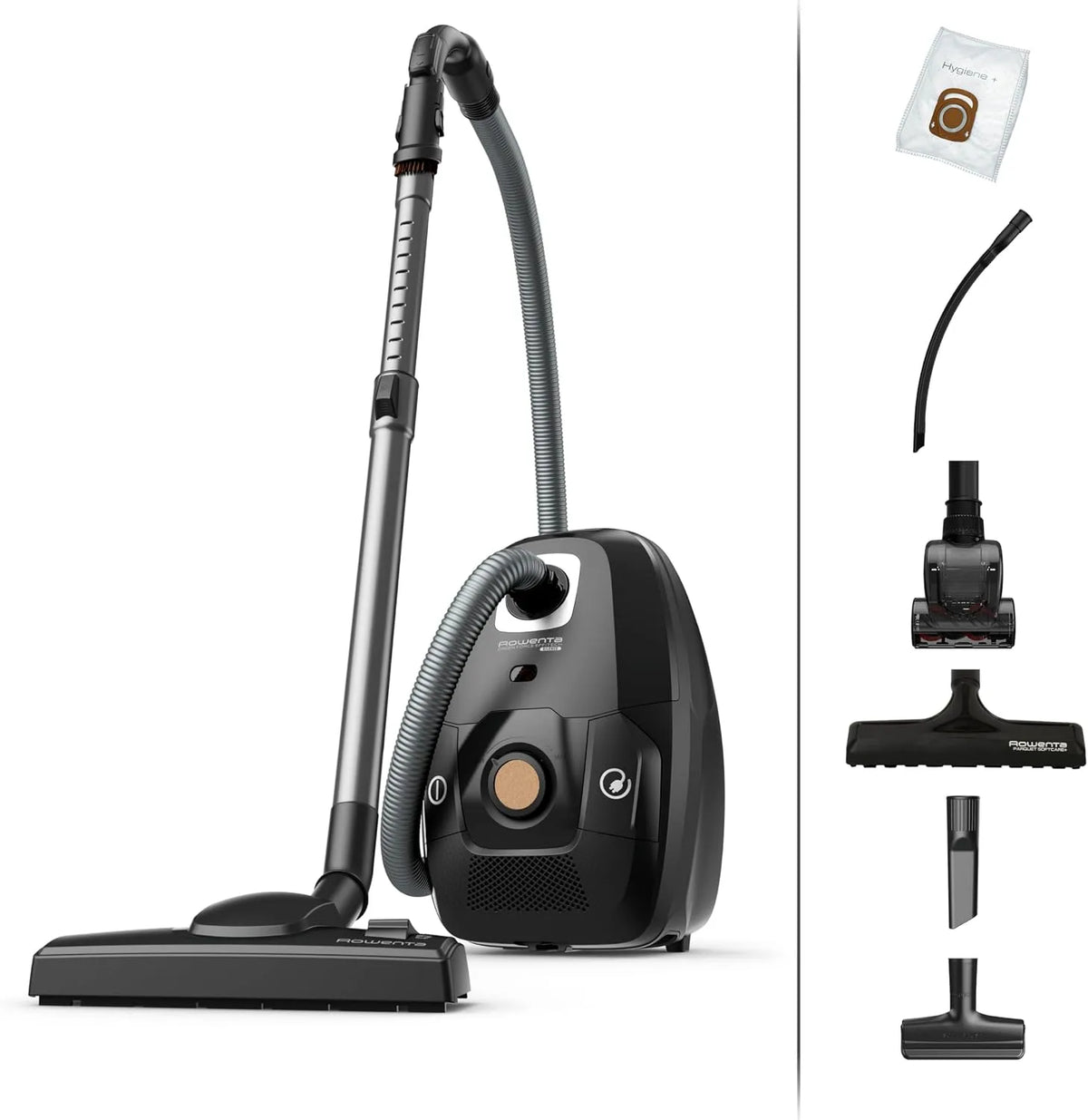 Rowenta aspirateur RO6189EA, Moteur basse consommation, Ultrasilencieux, Nombreux accessoires, Green Force Effitech, finition noire, avec sac, liège