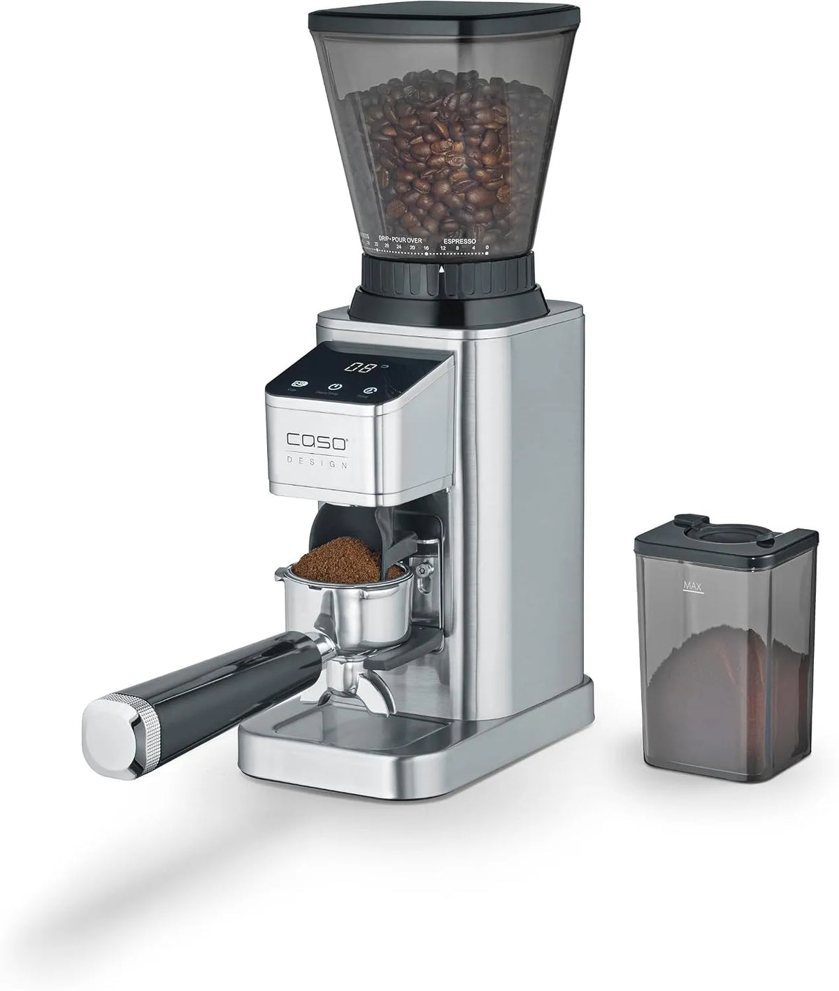 Caso BaristaChef Inox, avec support pour porte-filtre, moulin à café électrique, broyeur conique en acier inoxydable durable