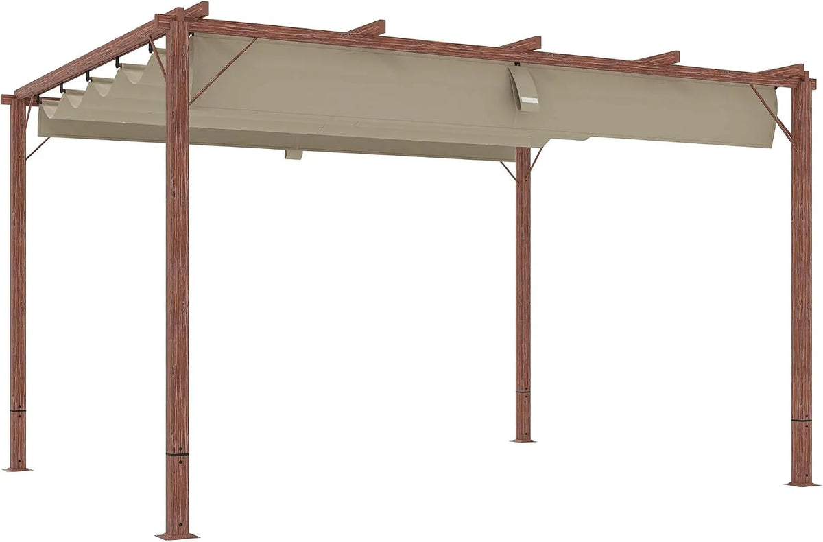 Modèle UV30, Gazebo Pergola 3x4 m avec toit coulissant Outsunny UV30+, Pergola de jardin en polyester 180g, véranda et extérieur, couleur bois.