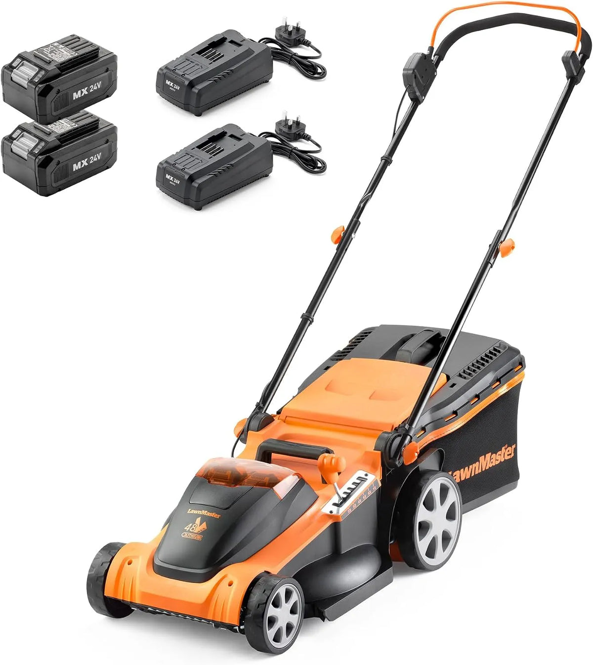 Tondeuse à gazon MX 24 V LawnMaster, sans fil 48 V 41 cm avec deux batteries 4,0 Ah Lithium Ion, 2 chargeurs rapides, peigne de bordure