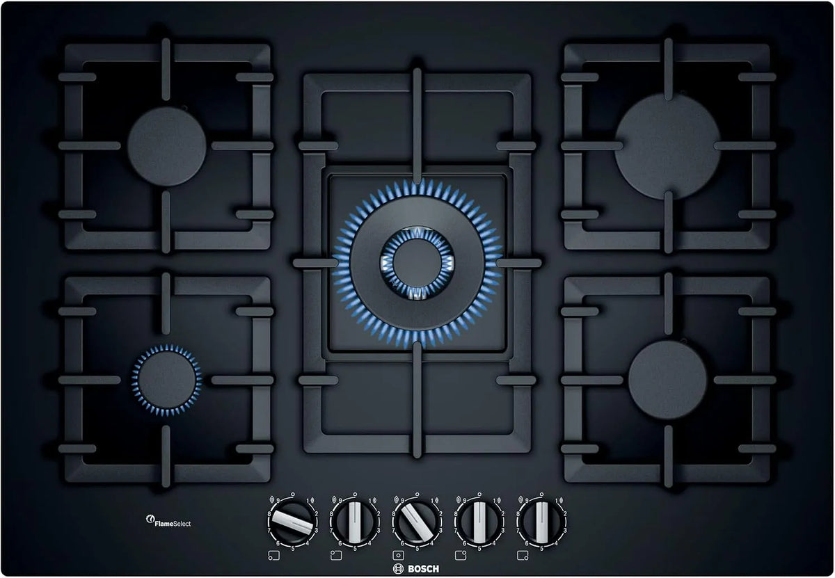 Bosch modèle, Series 6 Black Built-in Gas Hob PPQ7A6B90, l-gas, Plate, Glass, Medium, high-calorific Gas, h-gas
