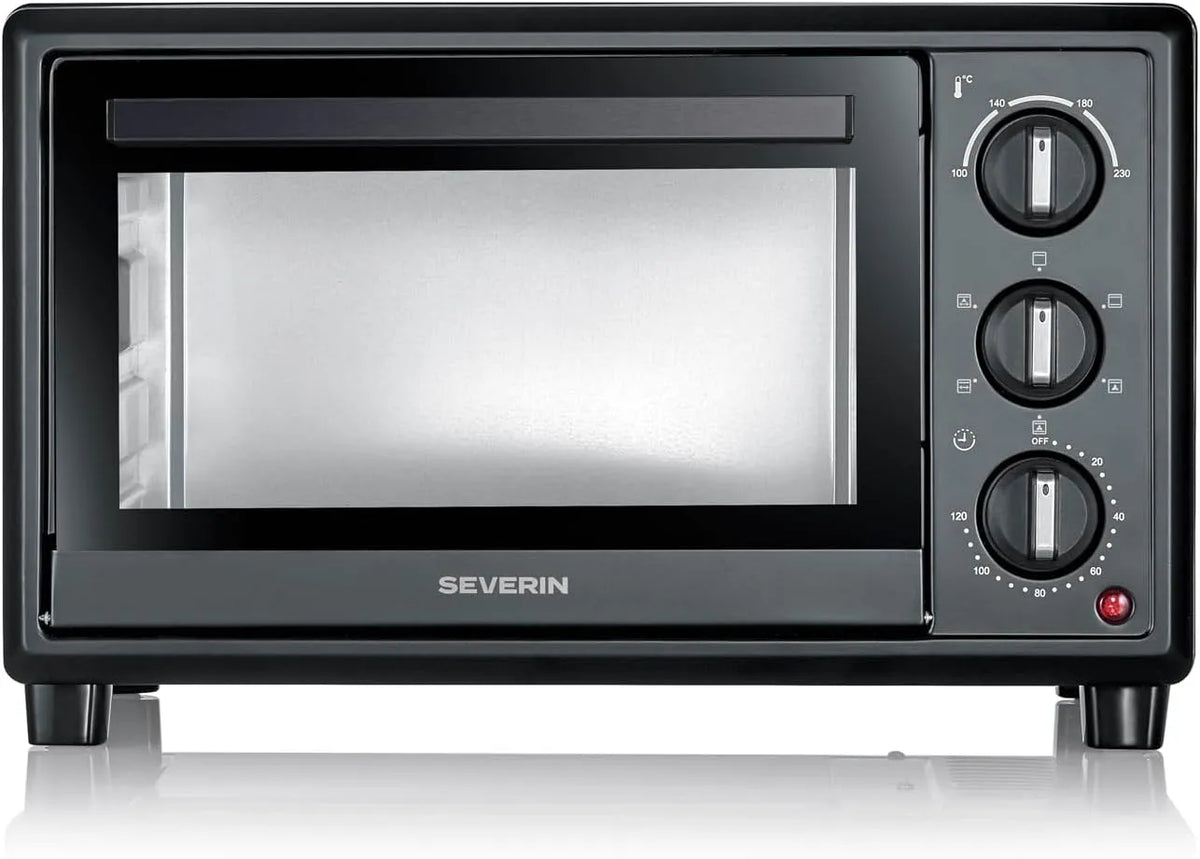 Severin four TO 2079, Mini électrique minuteur 120 min, Mini à chaleur tournante 20 L avec pierre à pizza et tournebroche, finition noire