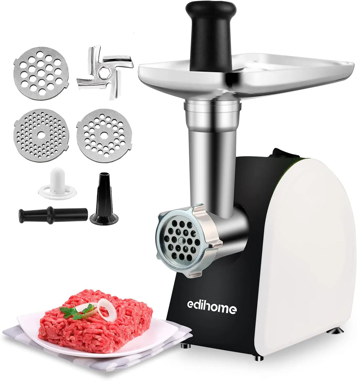 Edihome, puissance 2200W, Multifonction avec 3 Plaques de Coupe, Hachoir a Viande Electrique, avec Poussoir a Saucisse, finition noire