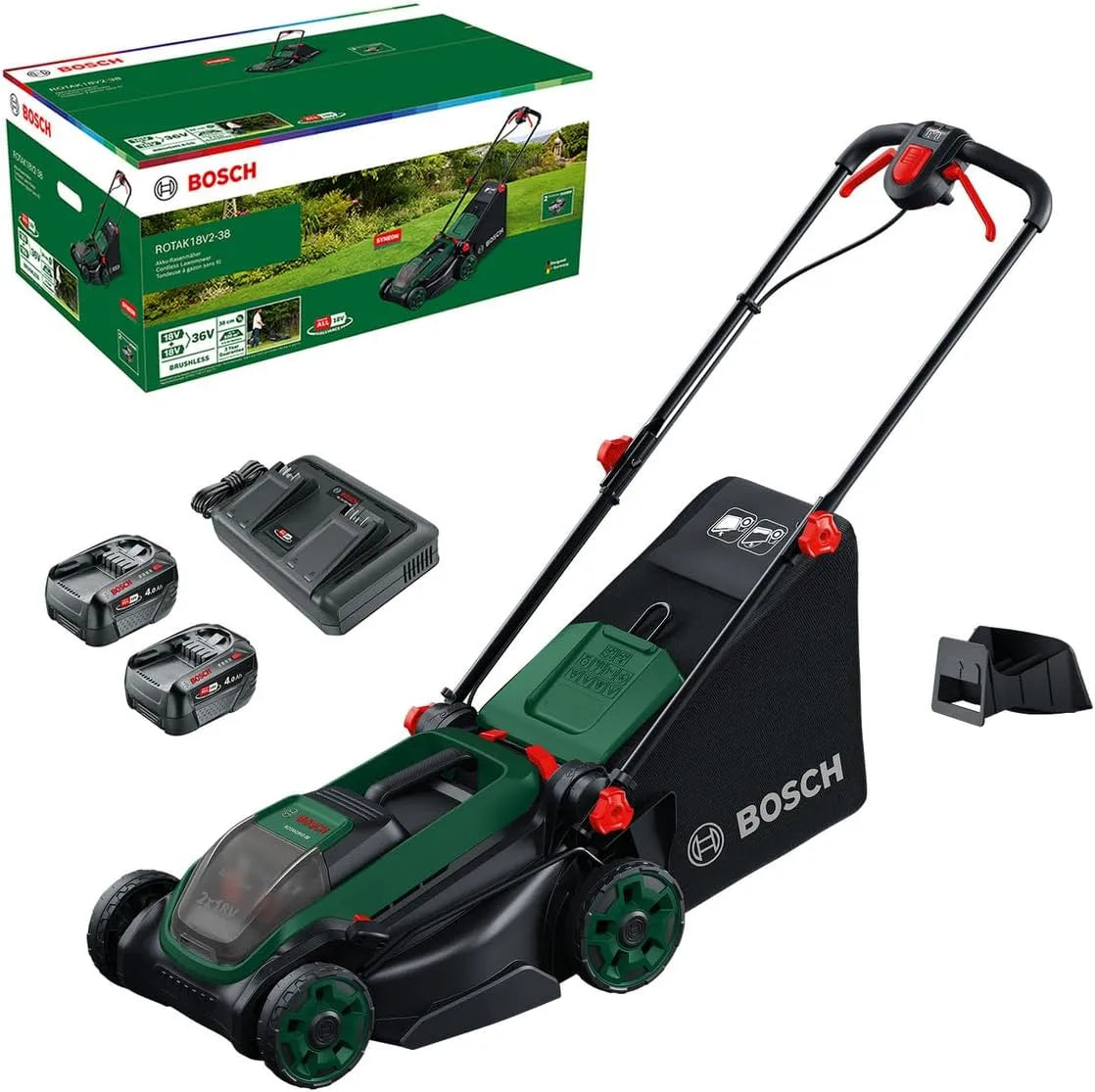 Bosch tondeuse à gazon ROTAK18V2-38, sans-Fil, Largeur de Coupe: 38 cm, Hauteur de Coupe: 30-75 mm, Sac de ramassage en Tissu de 40 l
