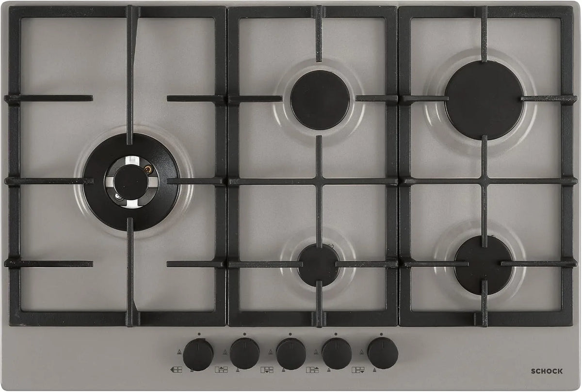 Table de cuisson SCHOCK | PC75, dimensions 740 x 500 mm, 5 feux gaz professionnel avec poignées noires mates Soft Touch, grilles en fonte