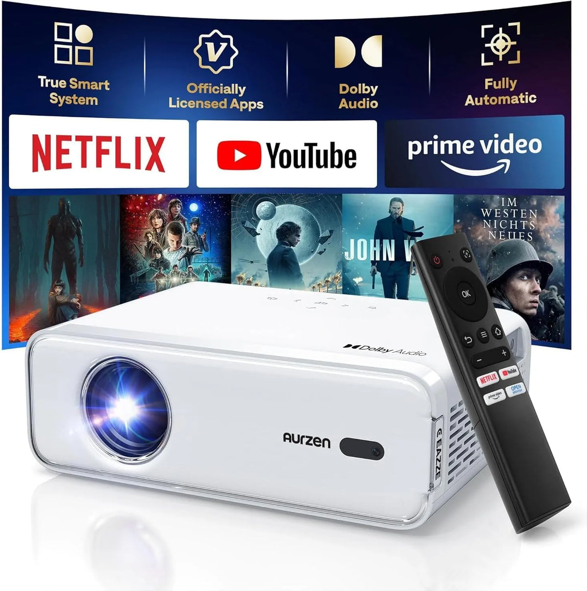 Modèle D1 Videoprojecteur 4K Supportée Officielle-NetfIix HDR10 1080P AURZEN Eazze, DoIby, Auto Focus, Keystone, Full HD Vidéo Projecteur