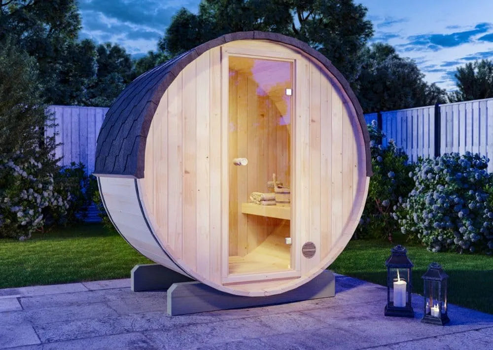 Sauna de, jardin Mini XXS en tonneau 194 x 130 x 194 cm, pour 2 à 3 personnes, matériel de montage, façade vitrée de sécurité