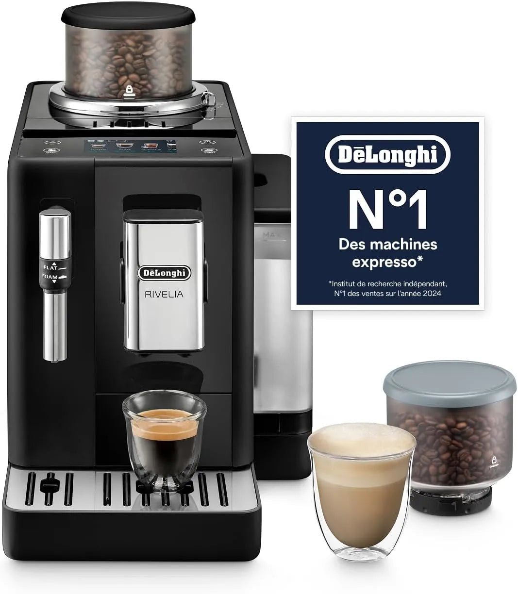 Machine à café EXAM440.35.B, De'Longhi Rivelia, Mousseur à Lait Classique, Réservoir à Grains de Café Interchangeables, 8 Boissons Enregistrées