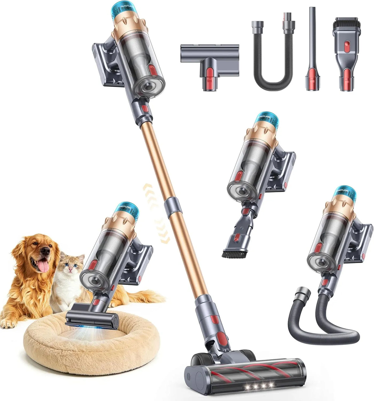 Aspirateur balai 65Mins SMOTURE, 50KPA 600W Aspirateur sans Fil Puissant avec Brosse Matelas, Tuyau 1M, Mode Auto, Écran Tactile, Maison, Voiture