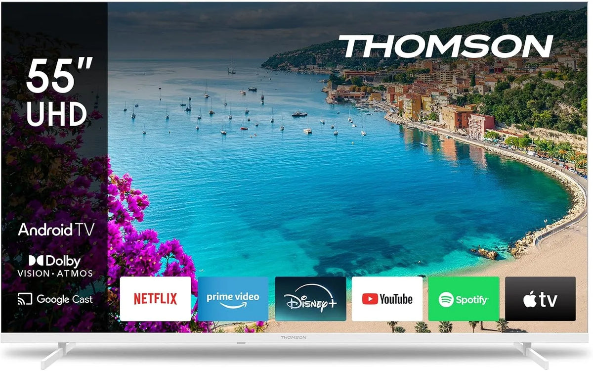 Modèle DVB-C, largeur 139 cm THOMSON 55 55UA5S13W-2023, S2, T2, Commande vocale, Pouces, UHD TV Smart Android TV, WLAN, HDR, Triple Tuner DVB-C
