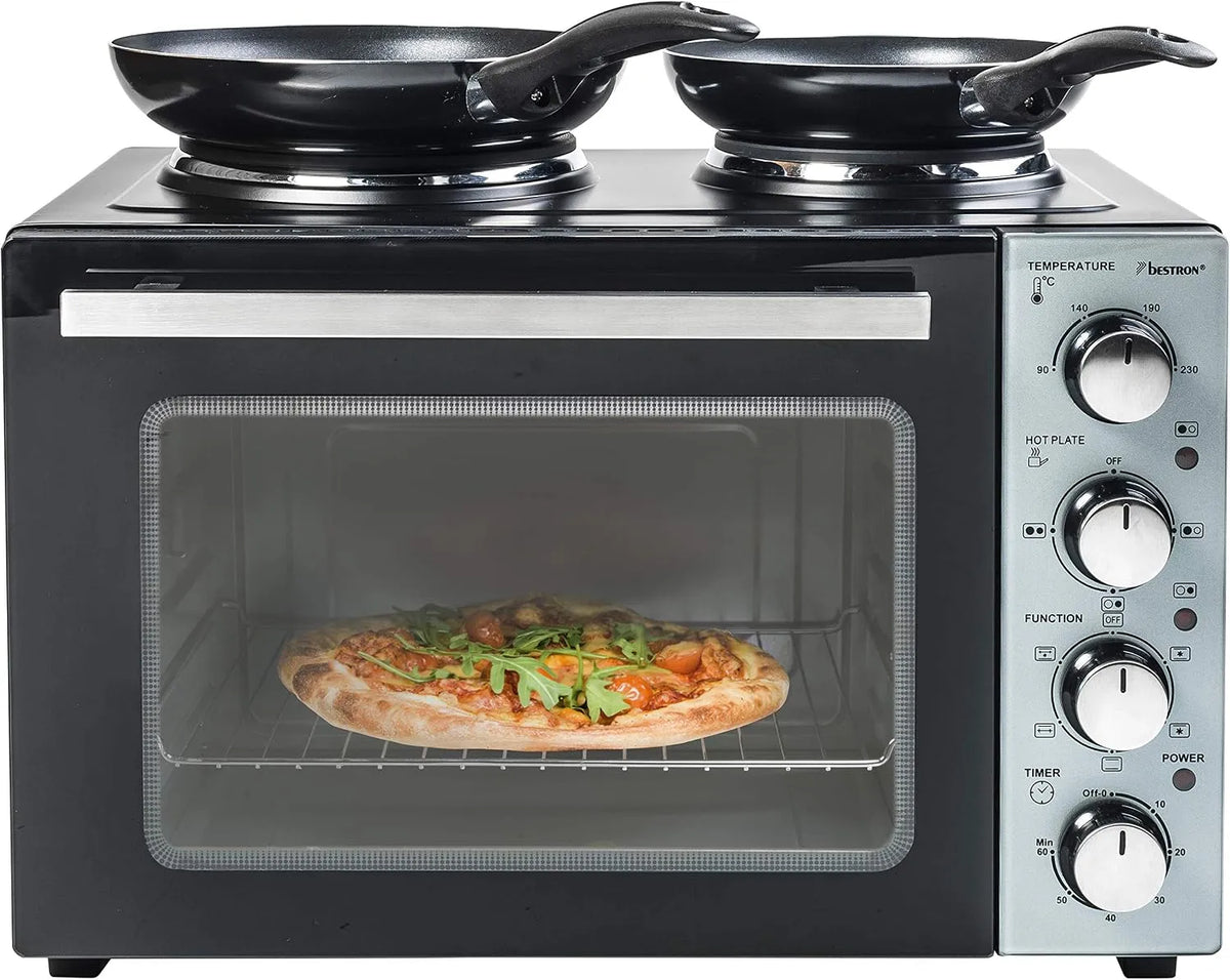 Cuisinière Bestron, Jusqu'à 230°, Grill, Inférieure, finition noire, Four avec Plaque de Cuisson Double, 3200 Watt, Chaleur Supérieure