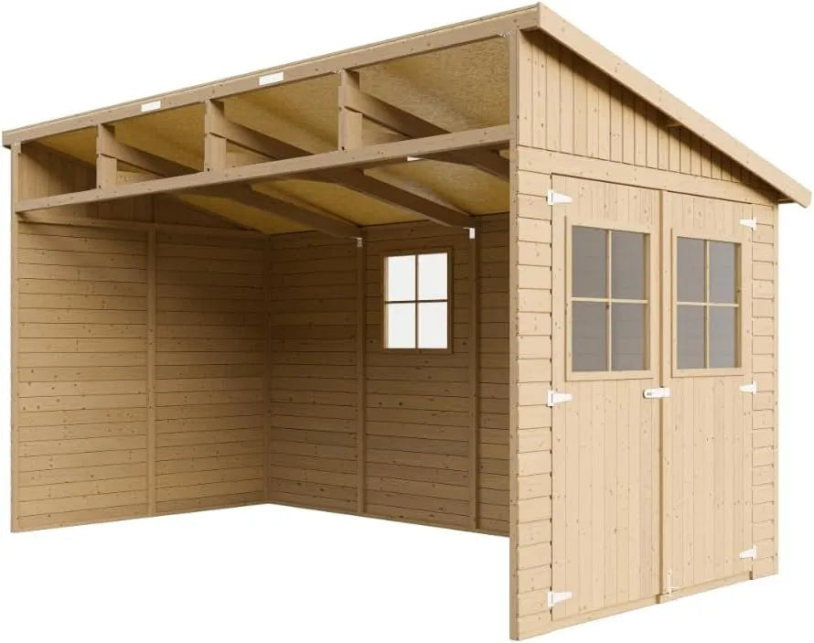 Abri de jardin M340 H243x216x416 cm/8, 8 m2, Hangar en Bois Naturel, Stockage extérieur avec fenêtres- cm, Atelier Rangement Outils et vélos