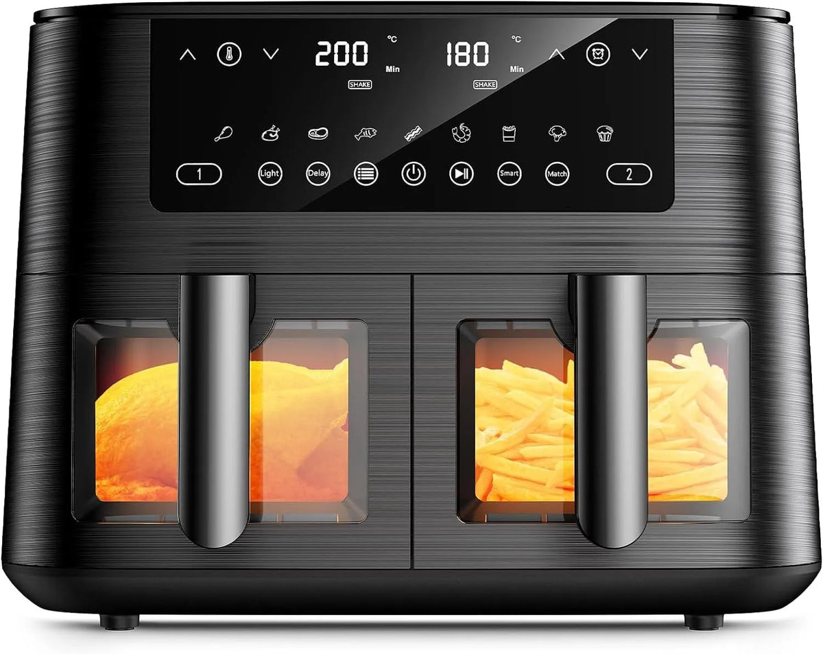 Lave-vaisselle, capacité 9L Dual Zone Air Fryer avec Fenêtre de Visualisation, 9-in-1 Programmes de Cuisson, Friteuse sans Huile avec 2 Tiroir, Va au