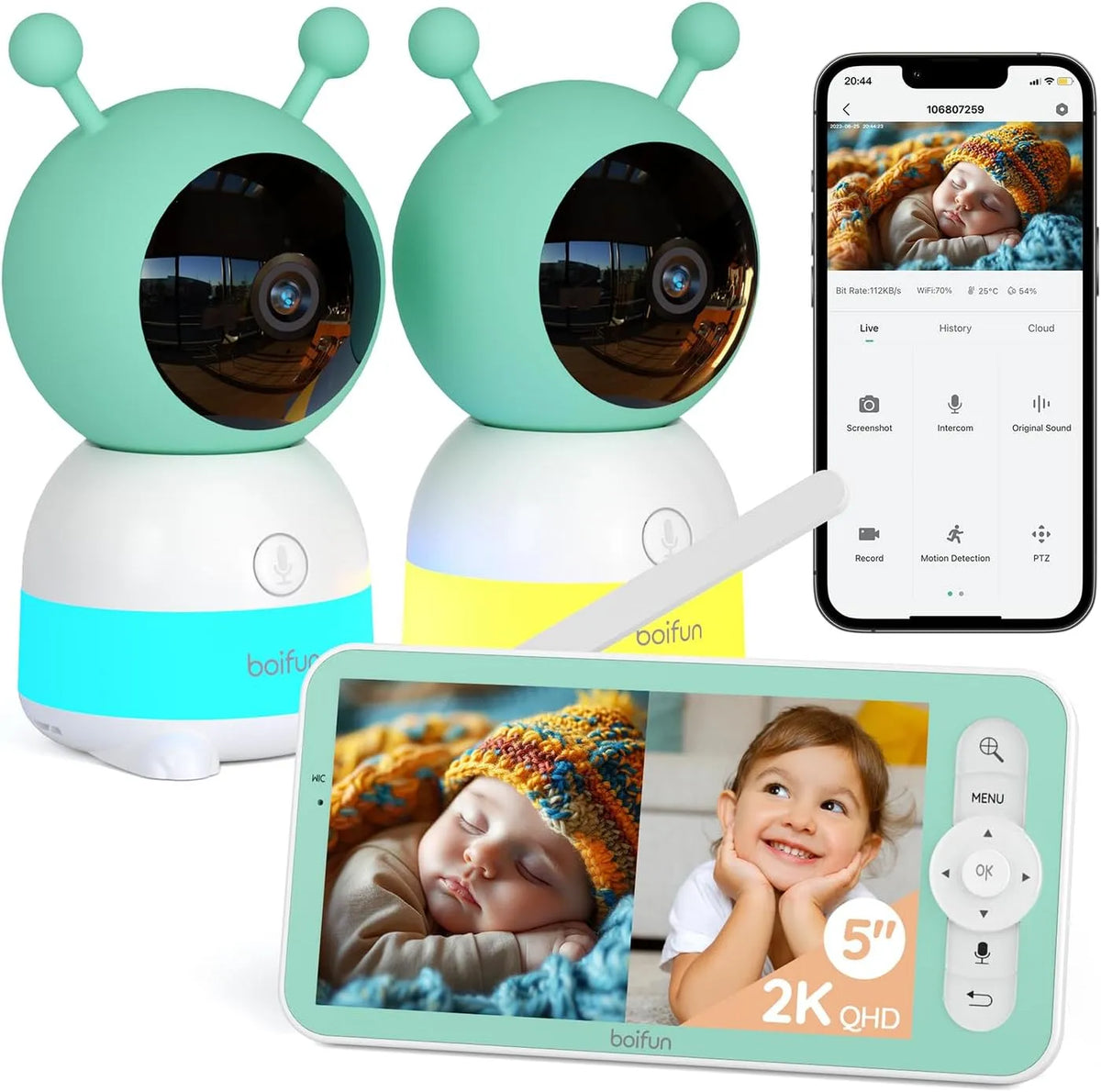 BOIFUN 2K 5' Babyphone 2 Camera Bebe Surveillance WiFi, Vision Nocturne, 360° Baby Phone Vidéo Connecté Smartphone Application, Détection de Son