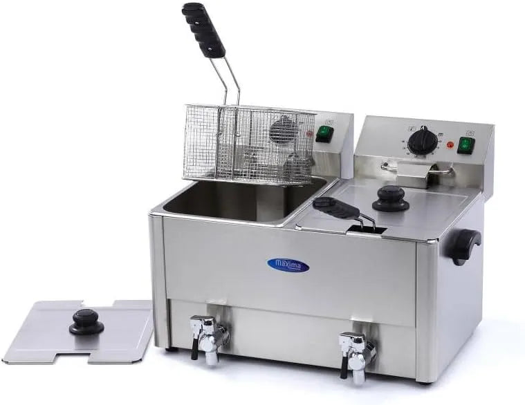 Friteuse 2x 2 Paniers avec robinet Friteuse, capacité 16 litres, Professionnelle, Avec robinet de vidange, Double poêle, Inox