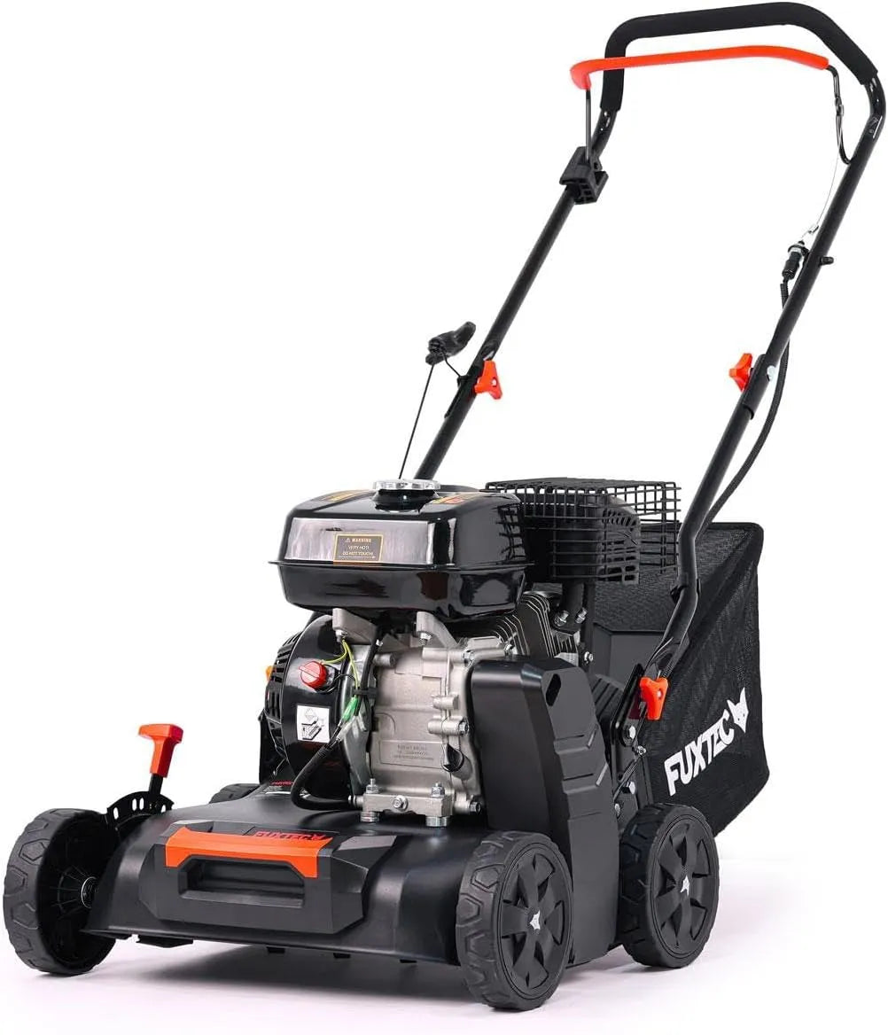Fuxtec modèle 2en1 FX-BV240ECO, Moteur 4 temps 4,1kW rouleau 18 lames Poignée de transport et bac de ramassage de 40L, Scarificateur Thermique 29,5 kg